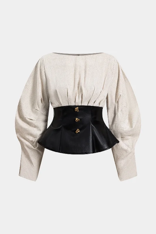 Massive Savings Linen Faux Leather Patchwork Long-Sleeve Shirt
