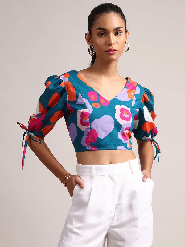Your Weekend, Your Savings Teal Cotton Floral Crop Top