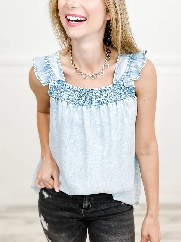 Weekend Extravaganza: Shop Now Simple Style Denim Smocked Tank Top with Ruffle Detail