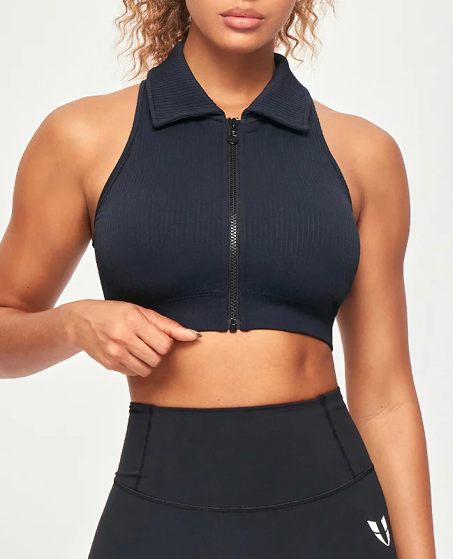 Weekend Offers That Tempt Ribbed Full Zip Padded Tank Top - Black