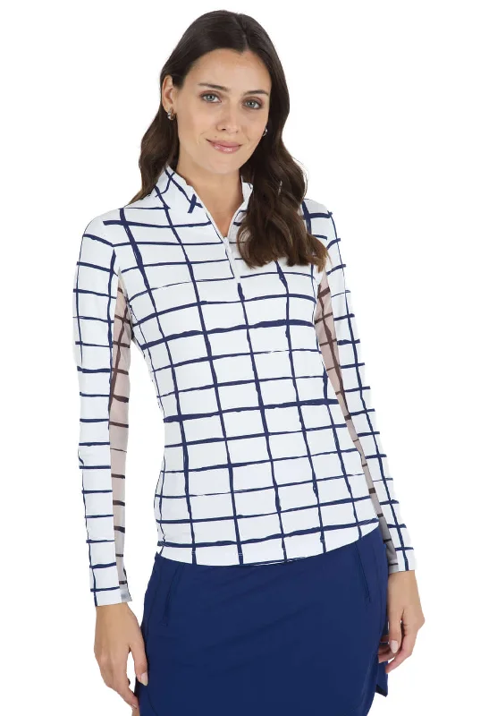 Midnight Madness IBKUL Womens Cordova Print Long Sleeve Mock Neck Top - White/Navy