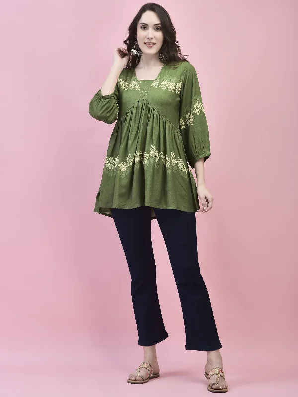 Low Prices Women Liva Rayon Olive Floral Print Tunic