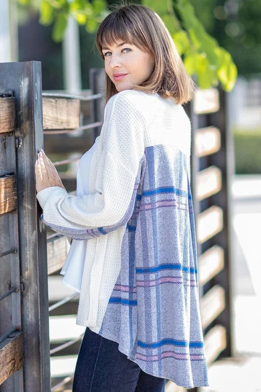 Exclusive Deal Plaid Back Waffle Knit  Cardigan