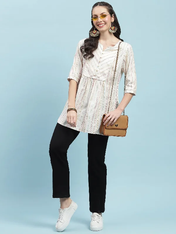 Extra Savings Women Off White Stripe Printed Tunic