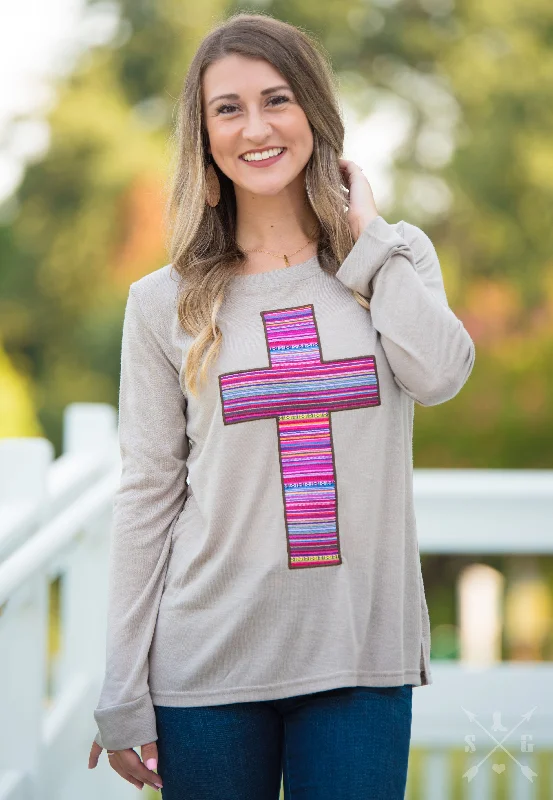 Weekend Discounts to Love Embroidered Serape Cross on Taupe Longsleeve Tee