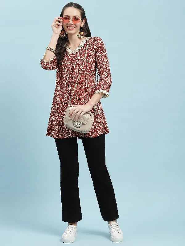 Stock Clearance Women Maroon Floral Printed Tunic