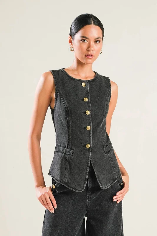 Overstock Lesson in Style Denim Vest - Black