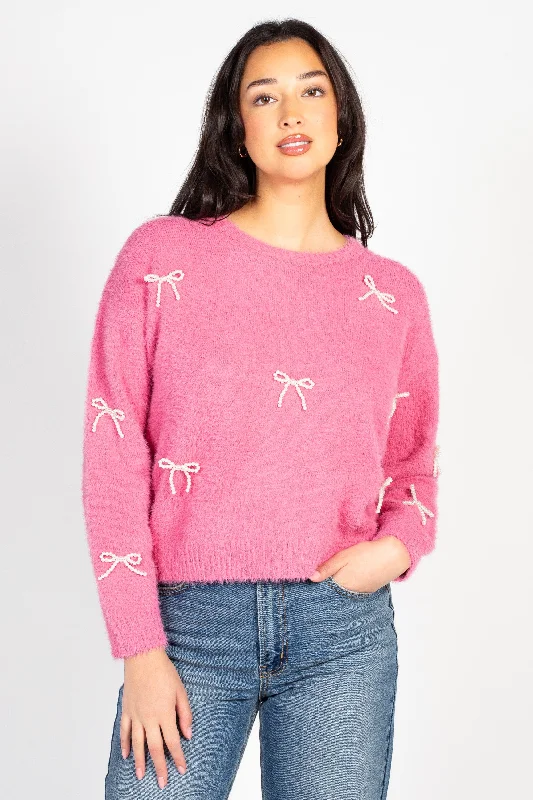Daily Deals Skylar Pearl Bow Embellished Fuzzy Sweater