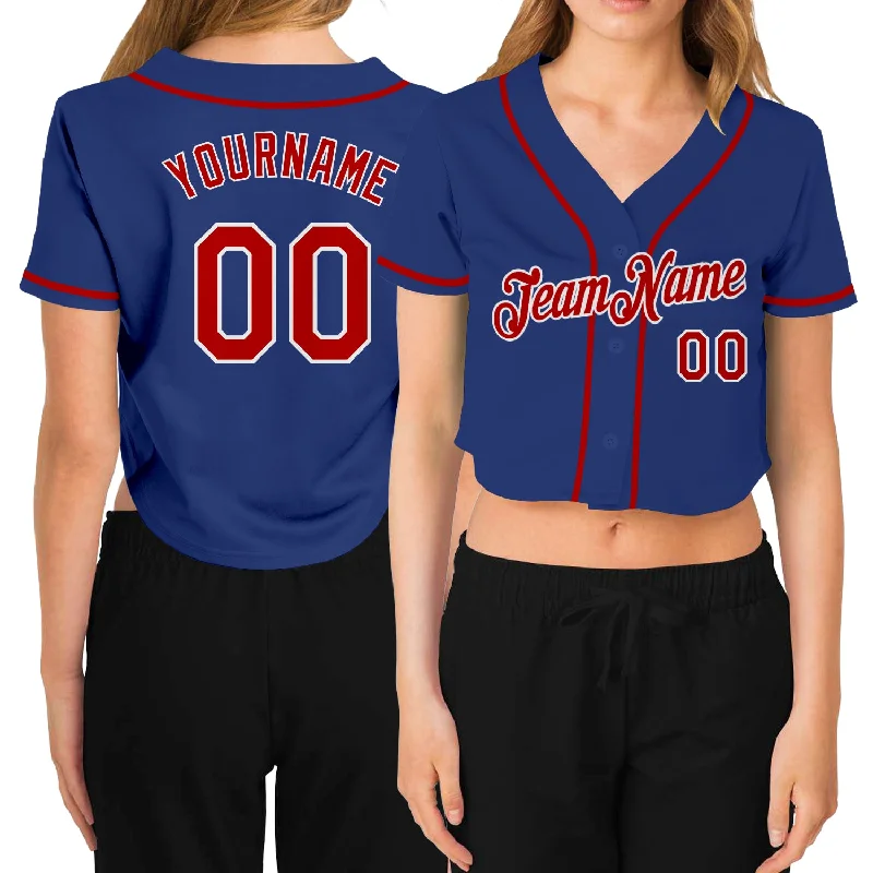Big Discounts Custom Women's Royal Red-White V-Neck Cropped Baseball Jersey