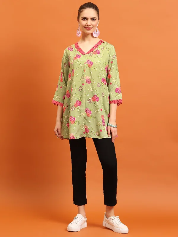 Take Advantage Women Green V-Neck Printed Tunic
