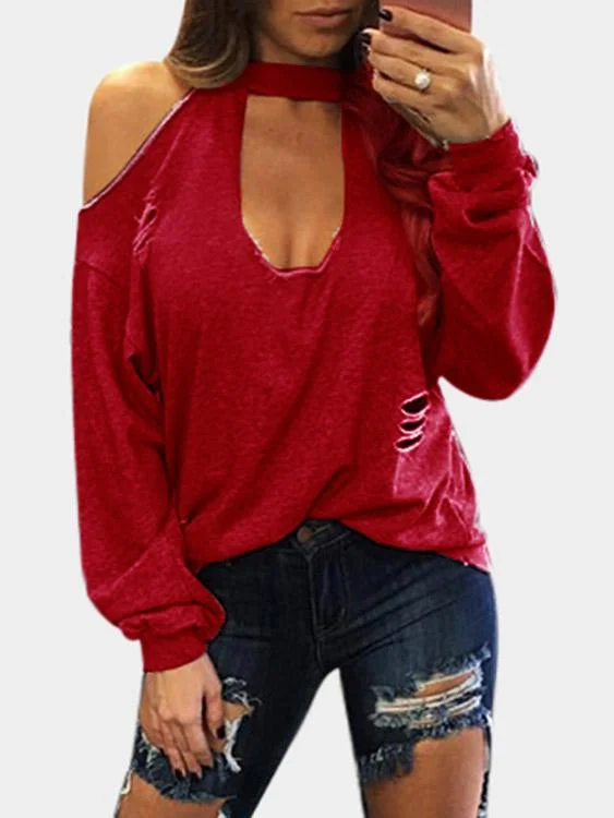 Wholesale Cold Shoulder Cut Out Long Sleeve T-Shirts