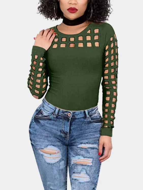 Hot Buy OEM ODM Round Neck Plain Hollow Long Sleeve Green T-Shirts