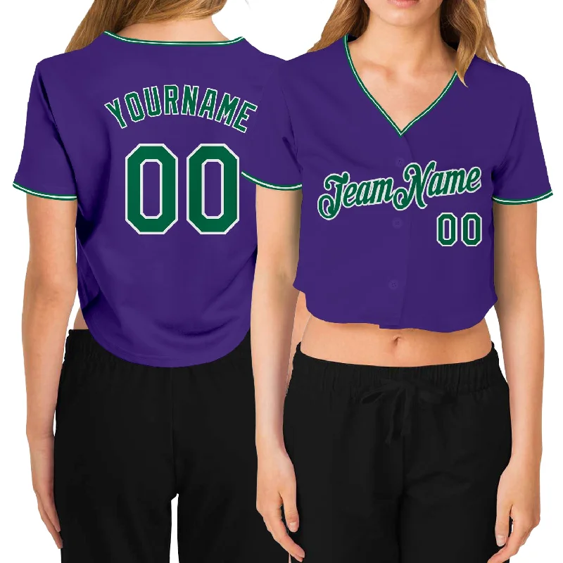 Special Price Custom Women's Purple Kelly Green-White V-Neck Cropped Baseball Jersey