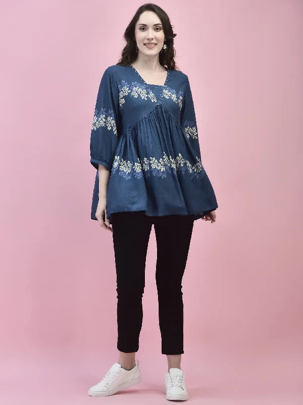 Price Cut Women Liva Rayon Blue Floral Print Tunic