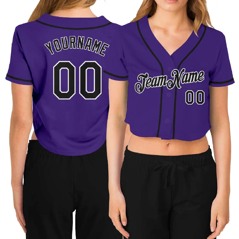 Year-End Sale Custom Women's Purple Black-White V-Neck Cropped Baseball Jersey