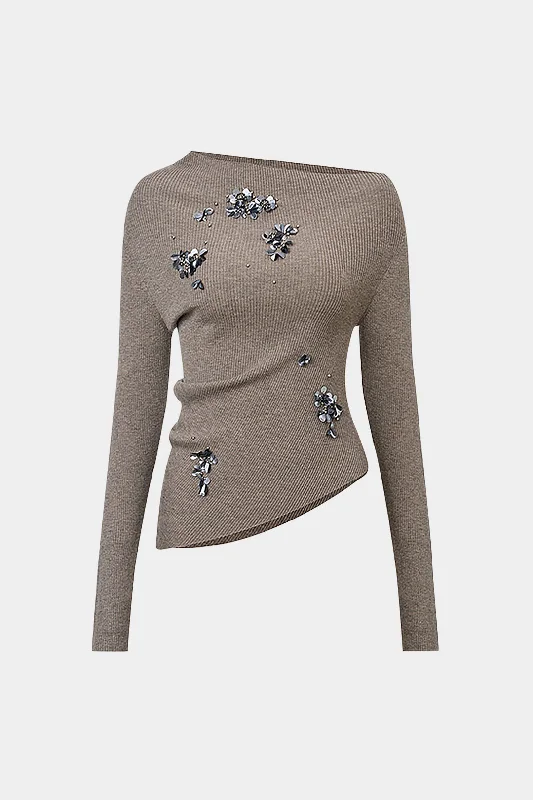 Steal Deal 3D Floral Asymmetrical Shoulder Long-Sleeve Top