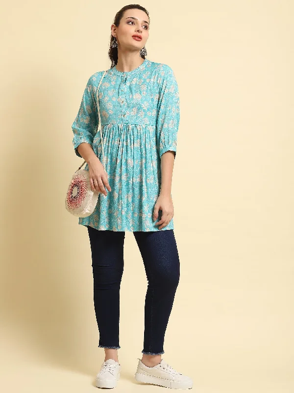 Shop Now Women Sky Blue Floral Printed Tunic