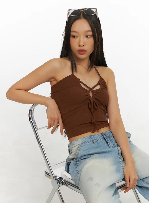 Cash Savings Halter Neck Shirred Crop Cami Top IY422