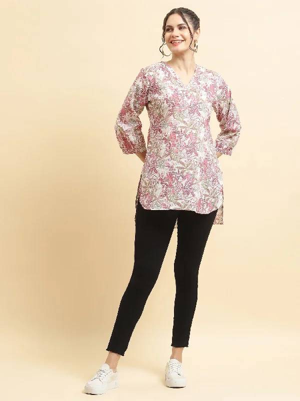 Warehouse Sale Women Cotton Mauve Tropical Print Tunic