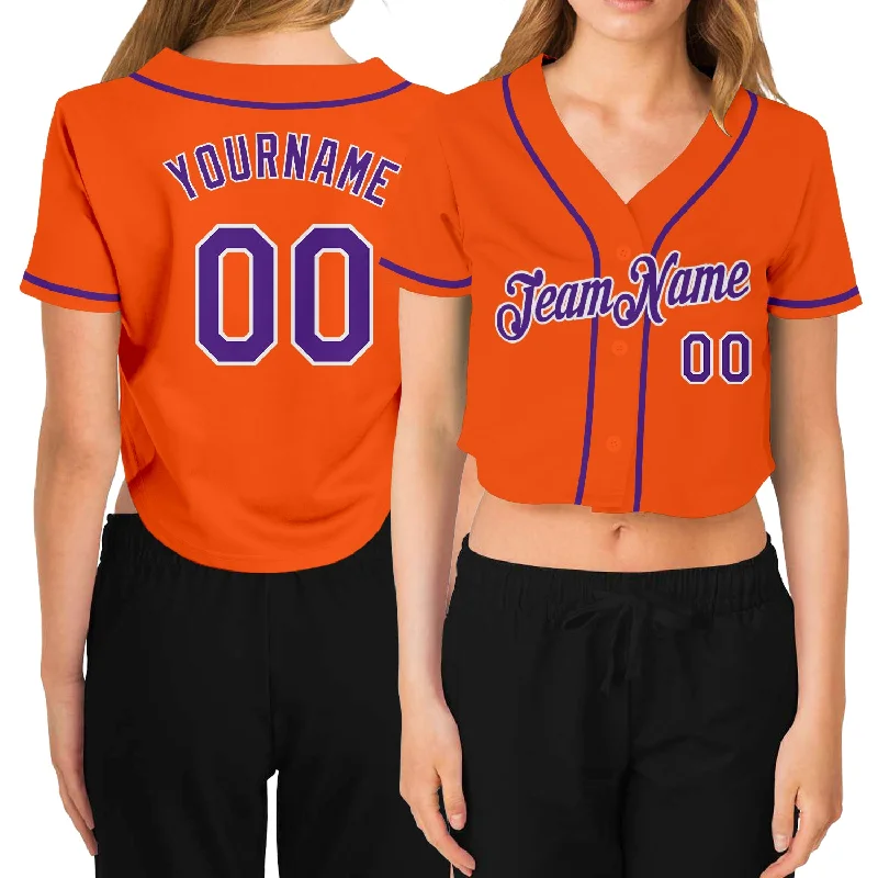 New Deals Custom Women's Orange Purple-White V-Neck Cropped Baseball Jersey