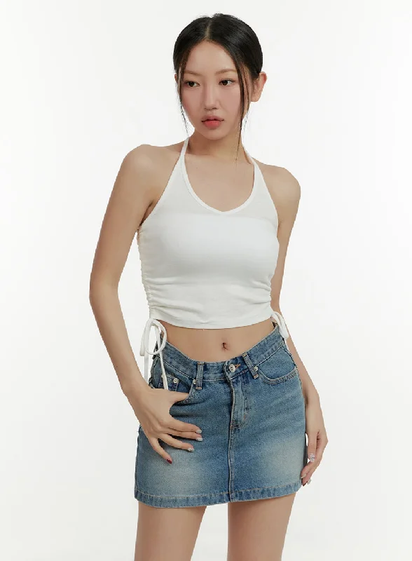 Weekend Wonders Await! Solid Halter Shirred Crop Top CY409