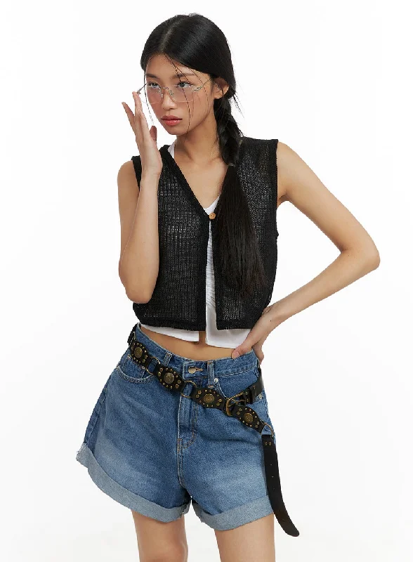 Lowest Price V-Neck Buttoned Crop Linen Vest CA423