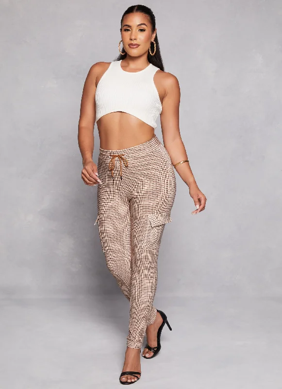 Celebrate the Weekend with Discounts Plaid Drawstring Cargo Pocket Skinny Leg Pants