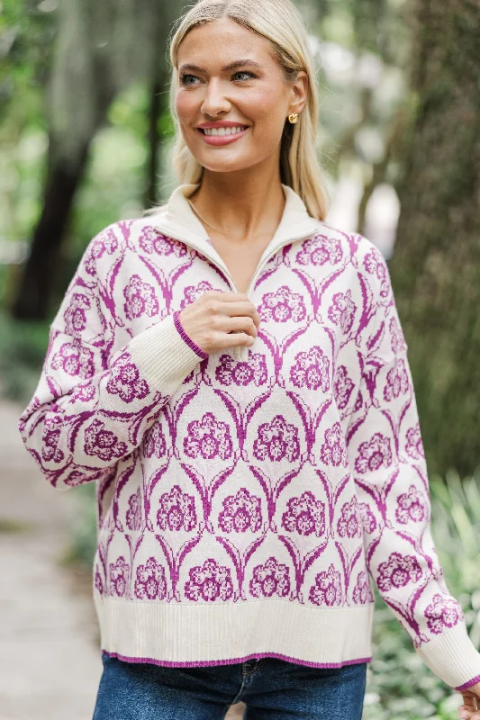Best Bargains Cross Your Mind Magenta Printed Pullover Sweater