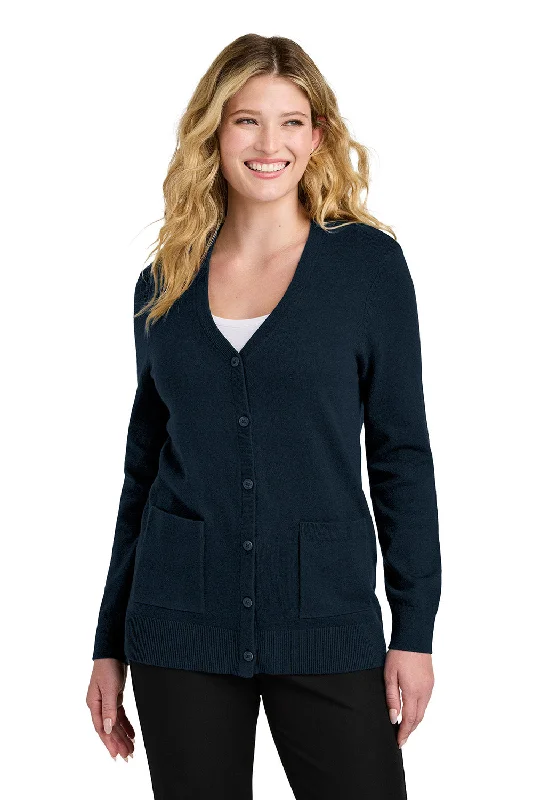 Port Authority Womens Easy Care Button Front Long Sleeve Cardigan Sweater w/ Pockets - River Navy Blue - New