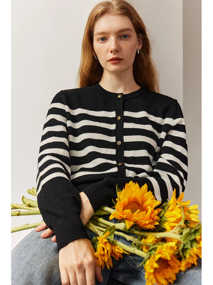 Crazy Deals Classic Casual Striped Round Neck Long-sleeved Sweater Cardigan