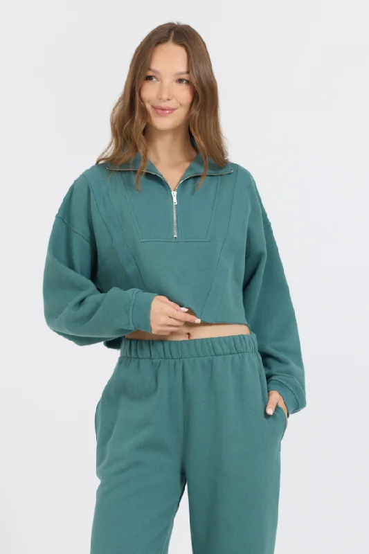 College Green Cotton Blend Fleece Quarter Zip Rib Neck