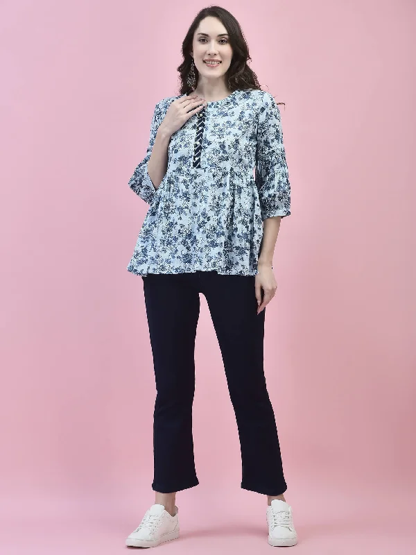 Unbeatable Prices Women Cotton Blue Floral Print Tunic