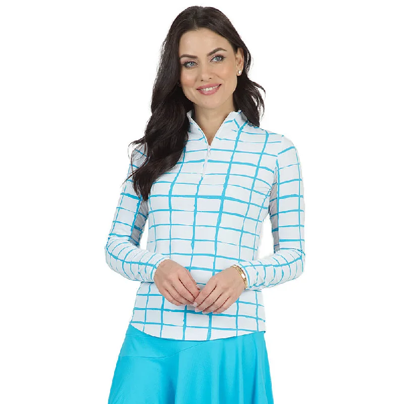 Major Savings IBKUL Womens Cordova Print Long Sleeve Mock Neck Top - White/Turq