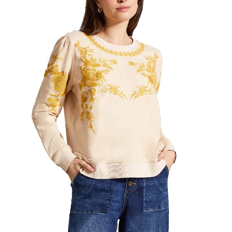 Reduced Rates Tribal Crew Neck Top With Embroidery - Moonstone