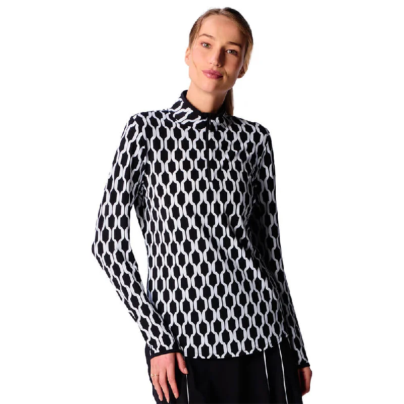Price Drop G Lifestyle Long Sleeve Collar Block Zip Mock Neck Top - Black Geo/Black