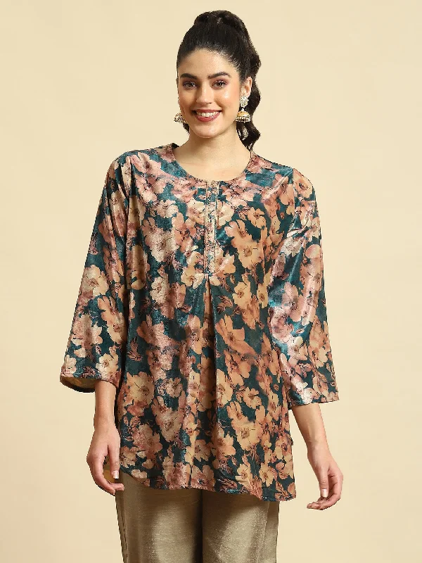 New Deals Women Teal Floral Print Tunic