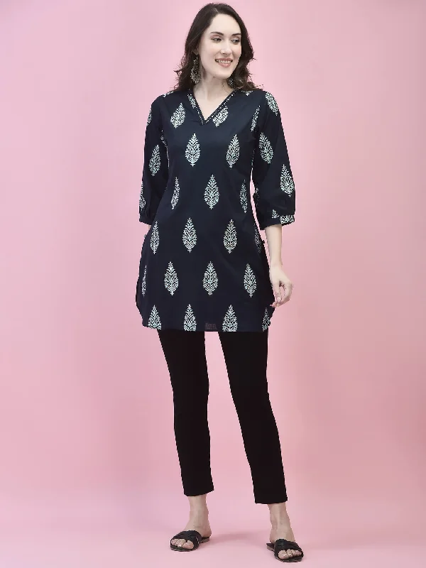 Early Access Women Cotton Navy Blue Tropical Print Tunic