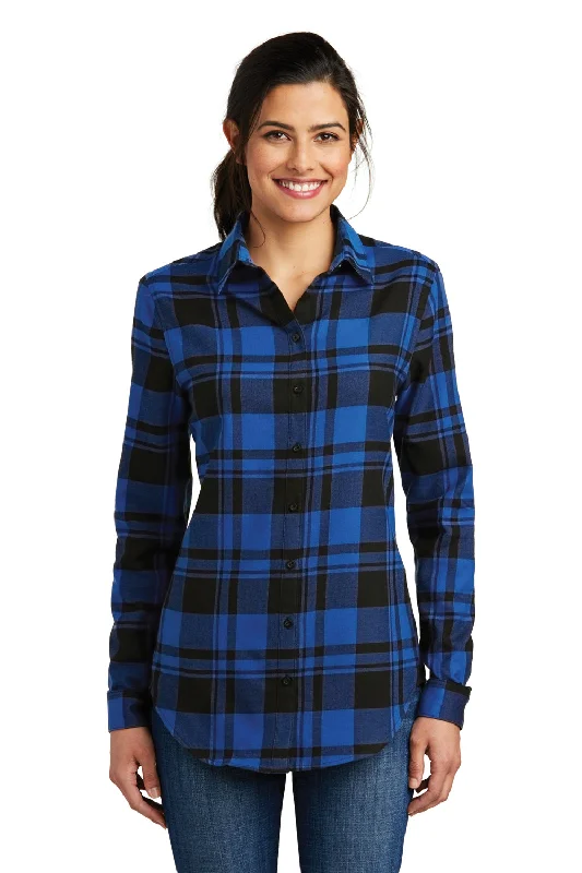 Port Authority Womens Flannel Long Sleeve Button Down Shirt - Royal Blue/Black