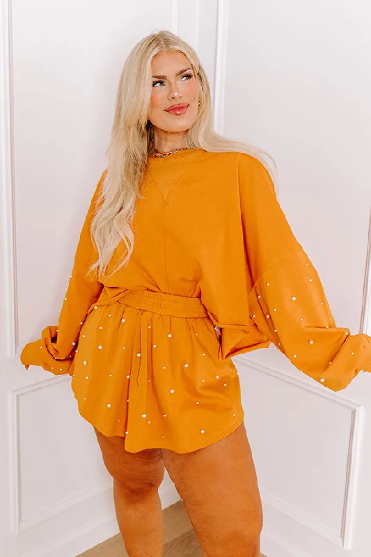 Limited Time Sideline Chic Pearl Embellished Crop Sweatshirt in Rust Curves