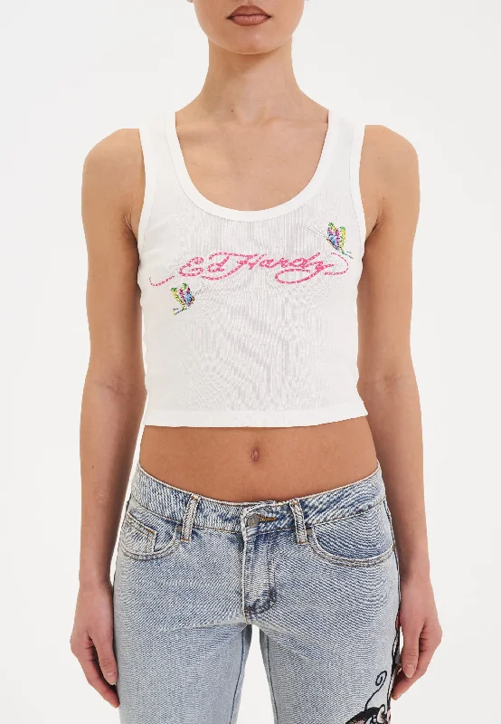 Can't Resist Womens Butterfly Party Rhinestone Cropped Vest Top - White