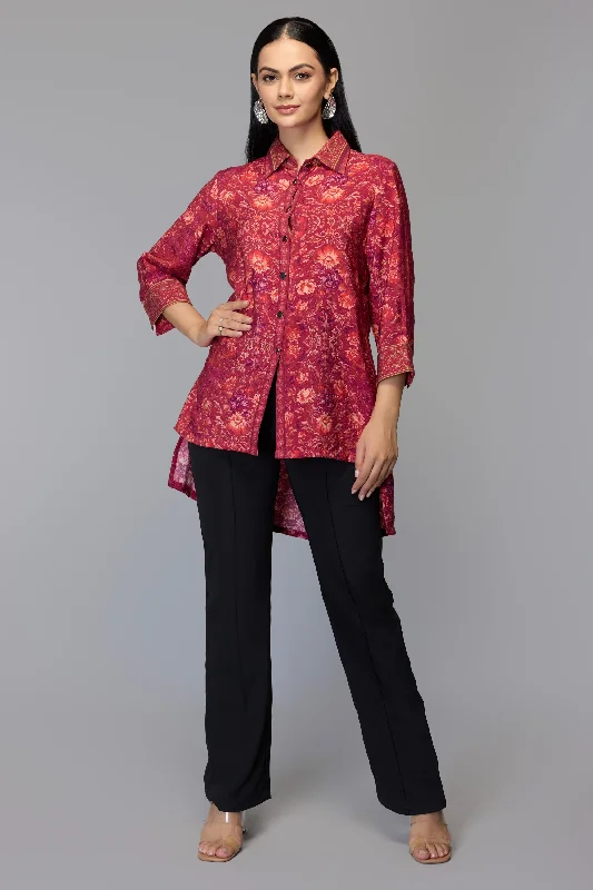 Super Discount Floral Cranberry High-Low Top