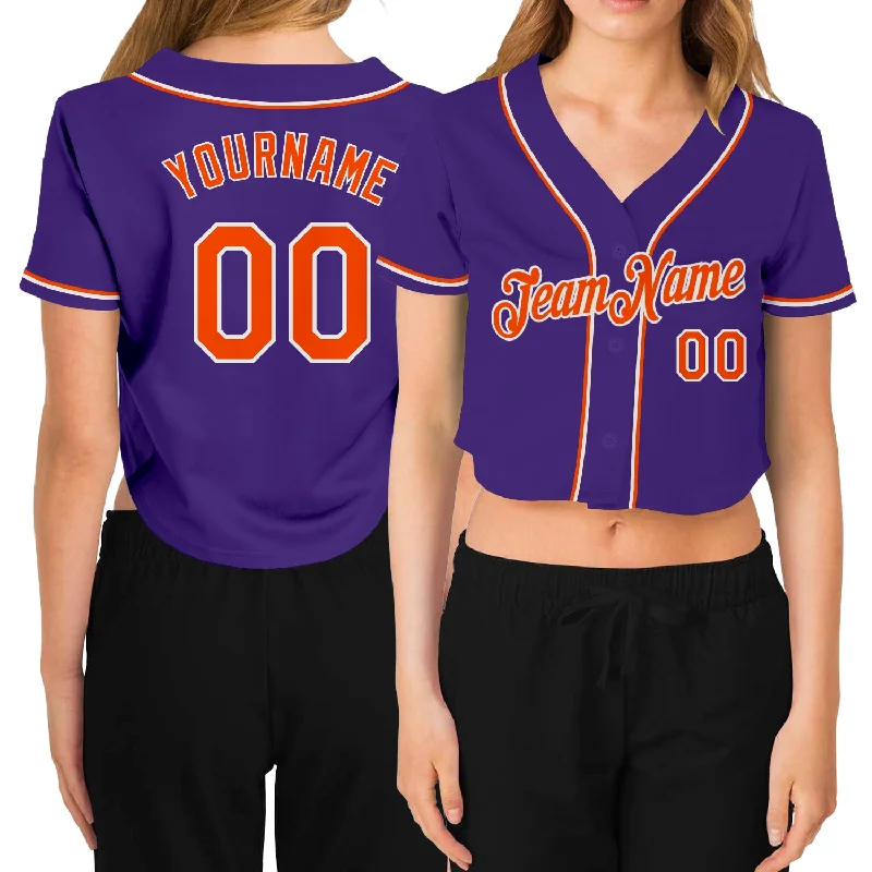 Super Sale Custom Women's Purple Orange-White V-Neck Cropped Baseball Jersey