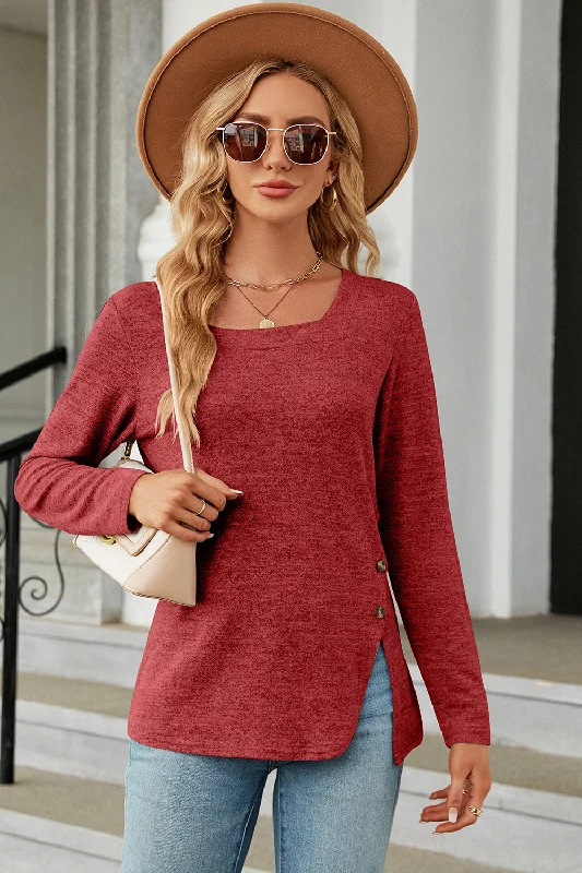 Buy Today Slit Decorative Button Square Neck T-Shirt