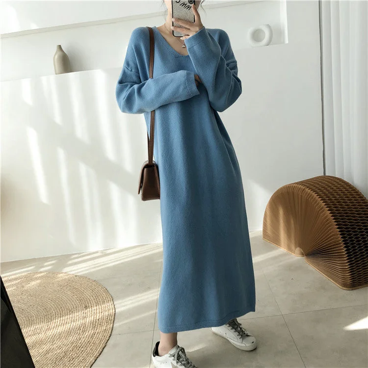 Clearance Event Julia Fashion - V-Neck Loose Full Sleeve Women Sweater Long Dress