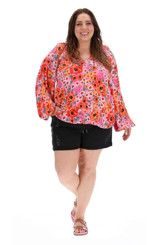 Closeout Deal Grace V Neck Blouse Pink Floral