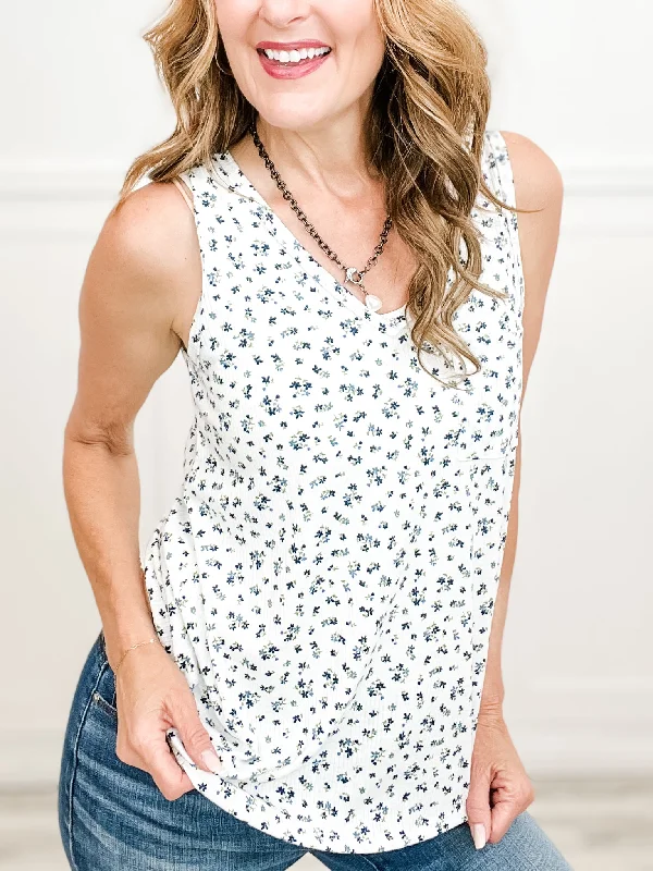 Price Reduction Two Sweet Floral Tank Top with V-Neckline and Front Accent Pocket