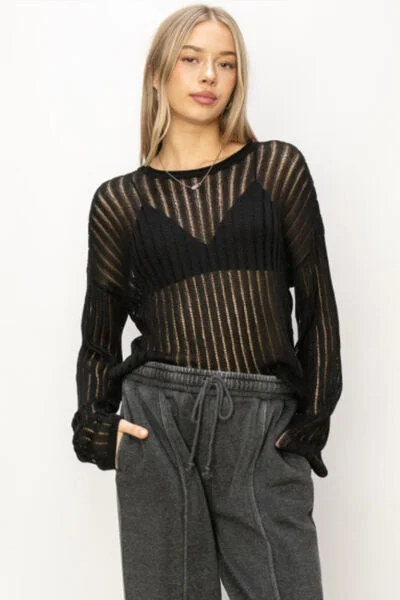 Special Price HYFVE Openwork Ribbed Long Sleeve Knit Top