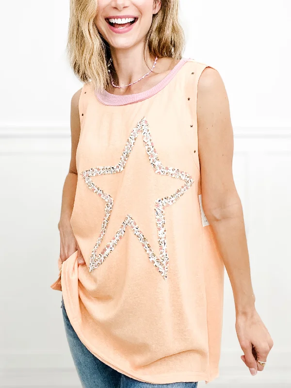 Weekend Price Cuts Galore Be A Star Stud Embellishment Sleeveless Floral Star Patch Tunic Top