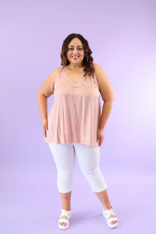 Shop Now Lola Lace Trim Shimmer Vest in Dusty Pink