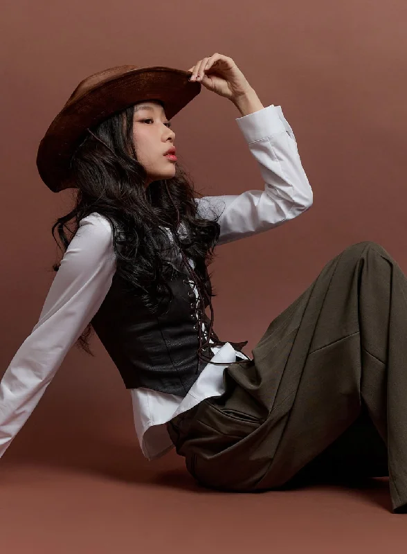 Exclusive Preview Lace Up Faux Leather Crop Vest CN420